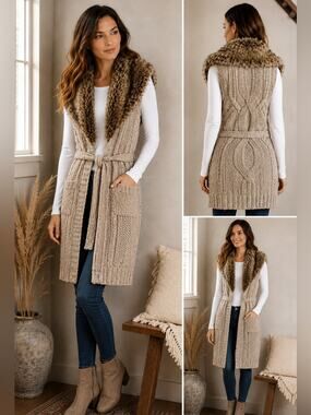 Anthropologie Angel of the North Faux Fur Belted Sweater Cardigan Size Medium